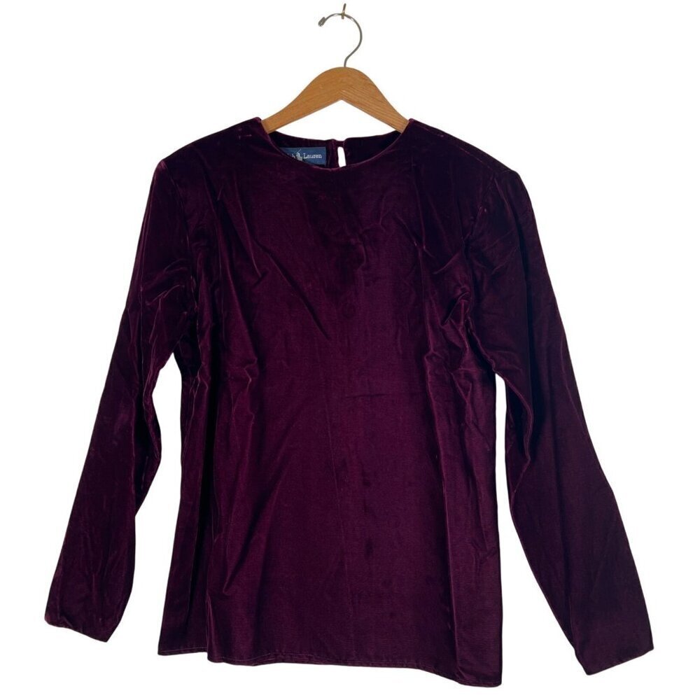 VTG Ralph Lauren Womens Size 8 Wine Rayon Velvet Pullover Top 80s Power Shoulder